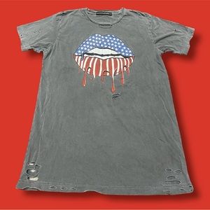 Lulusimon Studio Gray T-Shirt Distressed Tee Mouth Artwork Dripping Lips